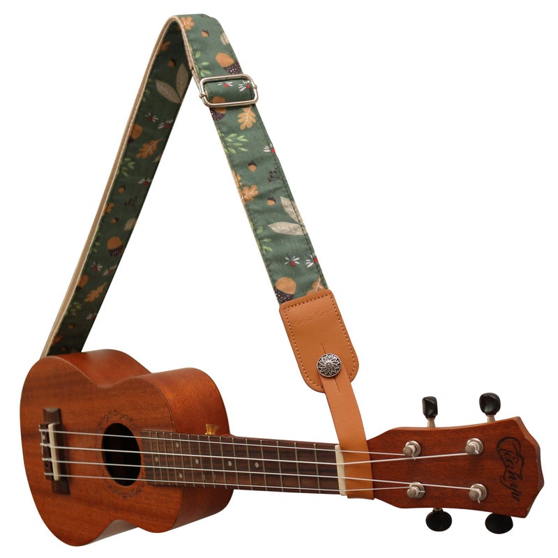 MUSIC FIRST Original Design Vintage â€œAcornâ€ Soft Muslin & Genuine Leather Ukulele Strap Ukulele Shoulder Strap With a Genuine Leather Strap Locker - Image 2